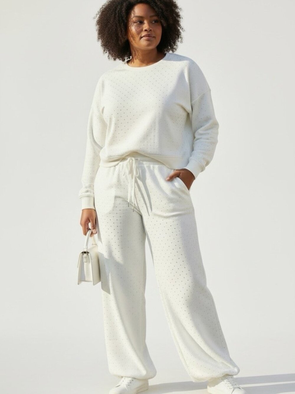 Womens 2 Piece Sweatpants & Sweatshirt Set White Rhinestones Size L/XL